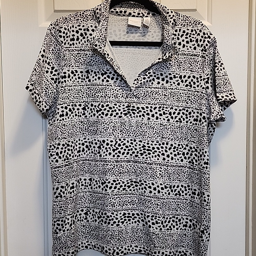Chicos Weekend Black & White Animal Print Polo Shirt  Women's SZ 3 (XL)